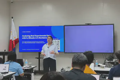 Dr. Anna Lou Abatayo leading the hands-on session on analysing experimental data in R.